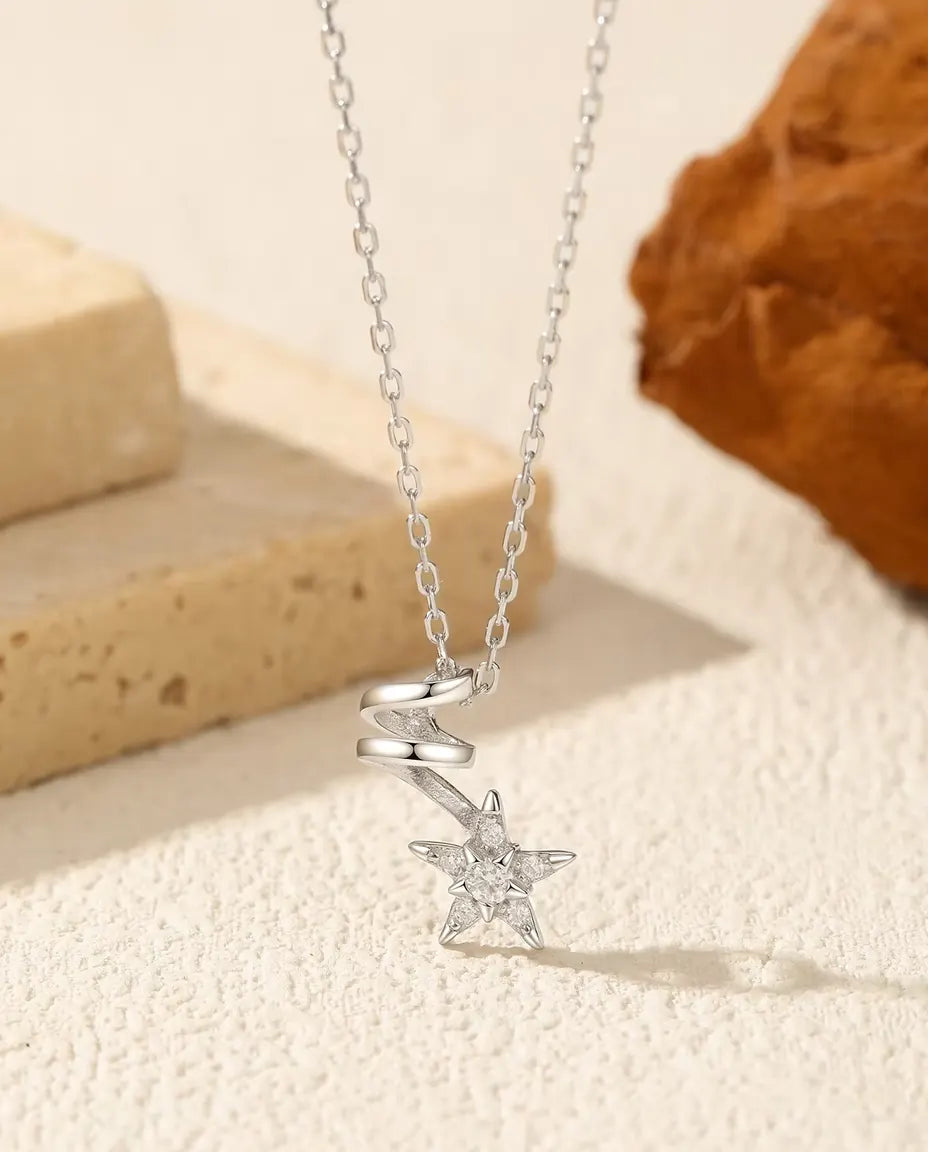 Moissanite Star Necklace - 2 mm Center Stone with Five Pave Accents and a Spiral Link, 925 Sterling Silver