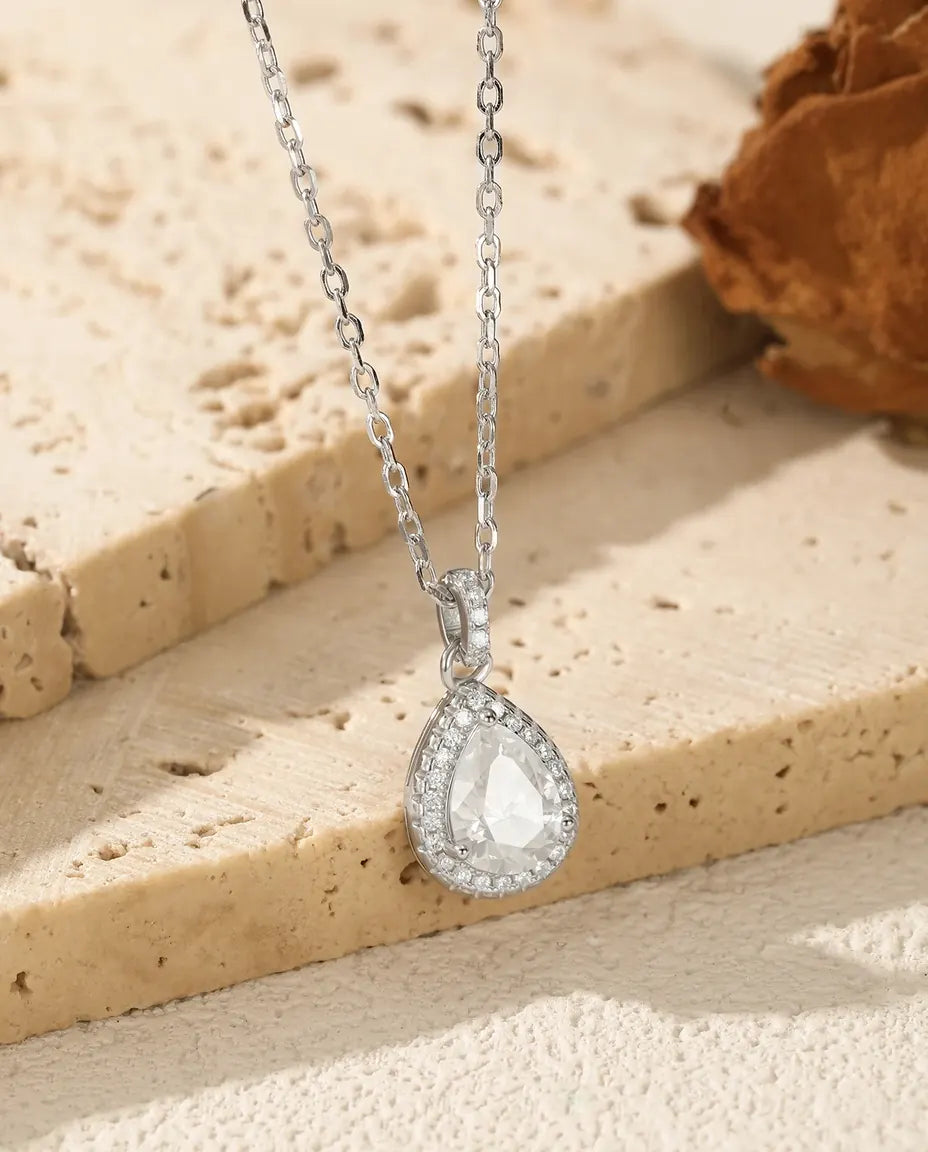 Moissanite Teardrop Halo Necklace – 1.2ct Pear Pendant in 925 Sterling Silver, Statement Wedding