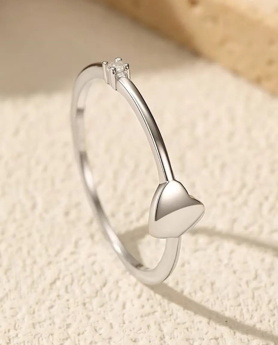 Tiny Heart Ring - 5 mm Polished Heart with a D Color Moissanite Accent on a 0.8 mm 925 Sterling Silver Band, Sizes 5 to 9