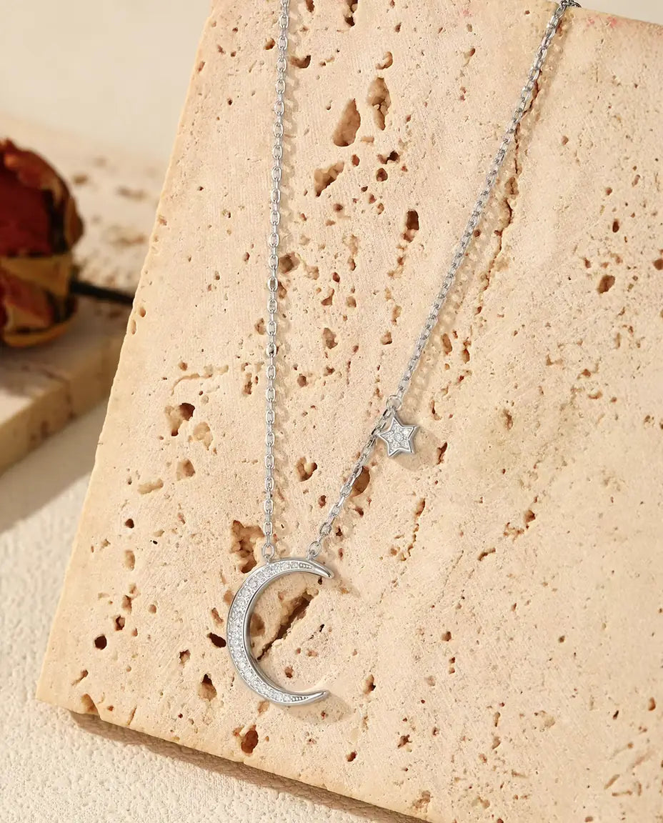 Moon and Star Necklace in 925 Sterling Silver - Pave Cubic Zirconia Crescent Moon Pendant with a Tiny Star Charm, Celestial Necklace Gift for Her