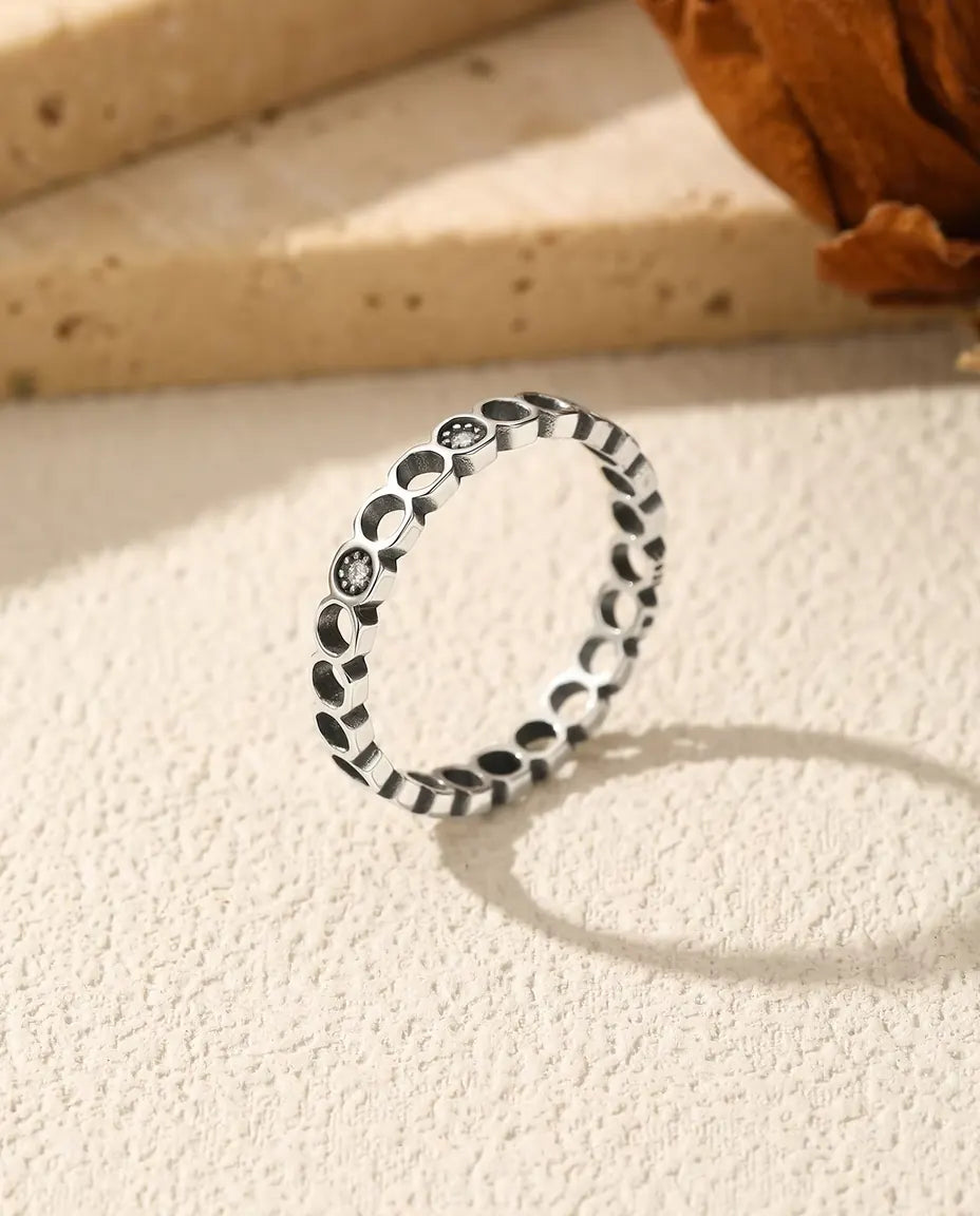 Moon Phase Eternity Ring - Openwork Circles with Two Moissanite Stones in Oxidized 925 Sterling Silver, Sizes 5 to 9