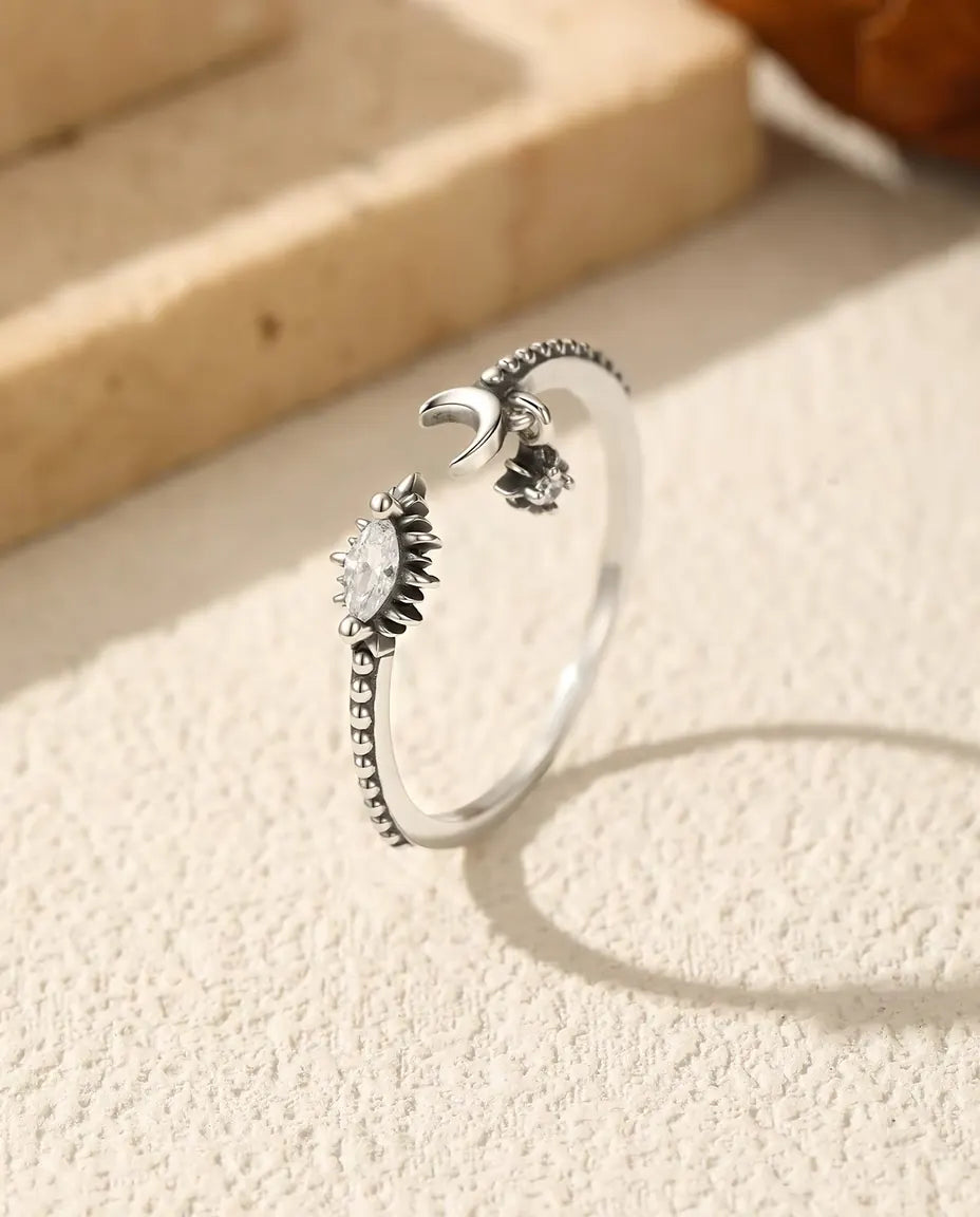 Moon and Star Open Ring - Marquise Zirconia on an Oxidized Beaded Band, 925 Sterling Silver, Adjustable 6 to 9