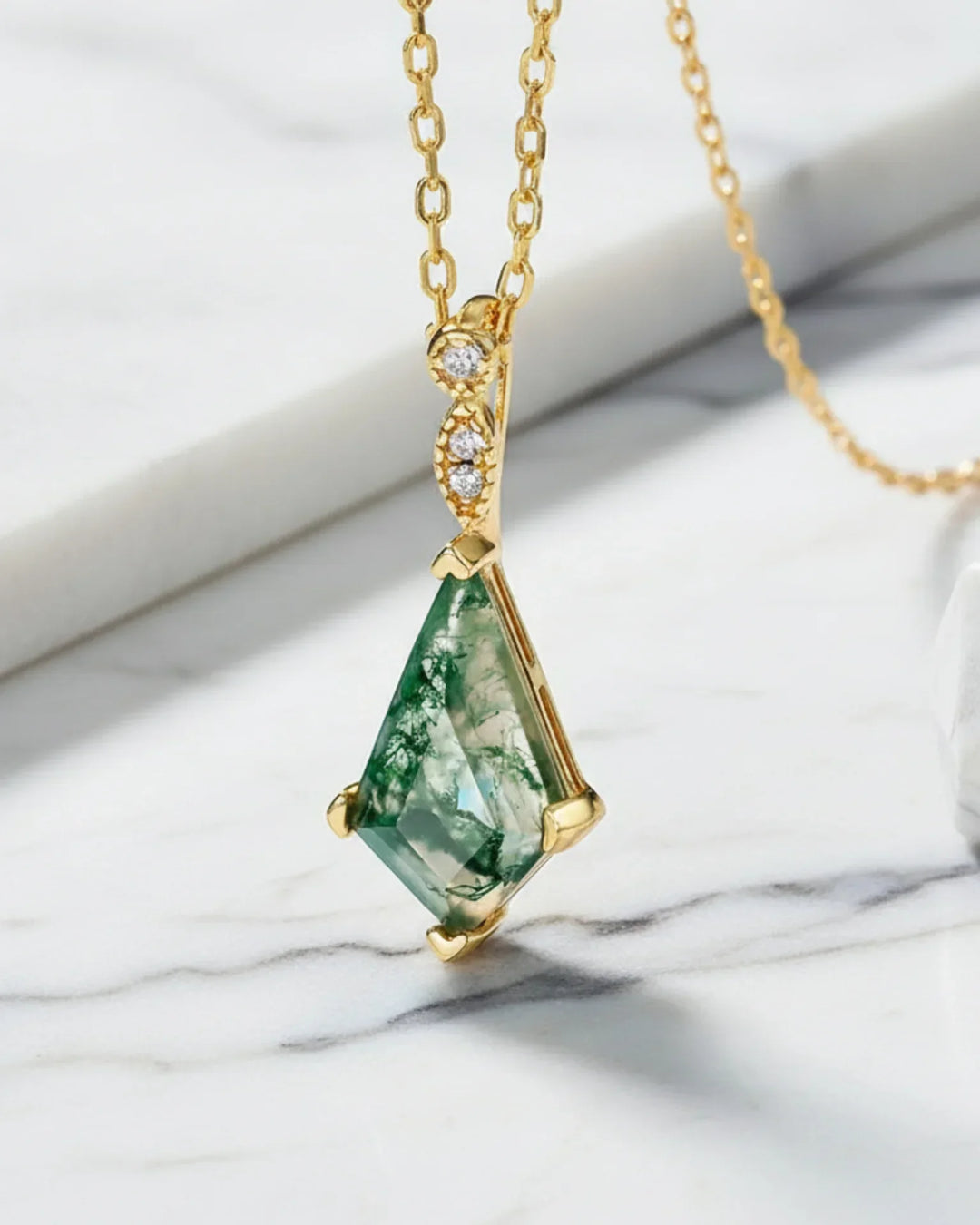 Moss Agate Necklace – 10K Gold Plated Sterling Silver Kite Cut Pendant, Green Gemstone Jewelry Gift for Her, Birthday Anniversary