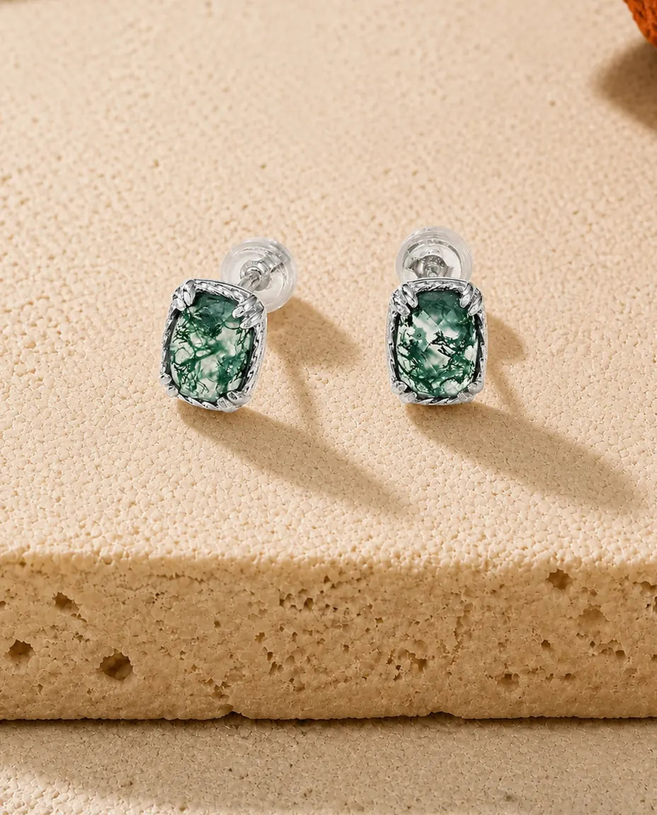 Moss Agate Stud Earrings - Cushion Cut Green Moss Agate in a Twisted Rope Bezel, 925 Sterling Silver, Gift for Her