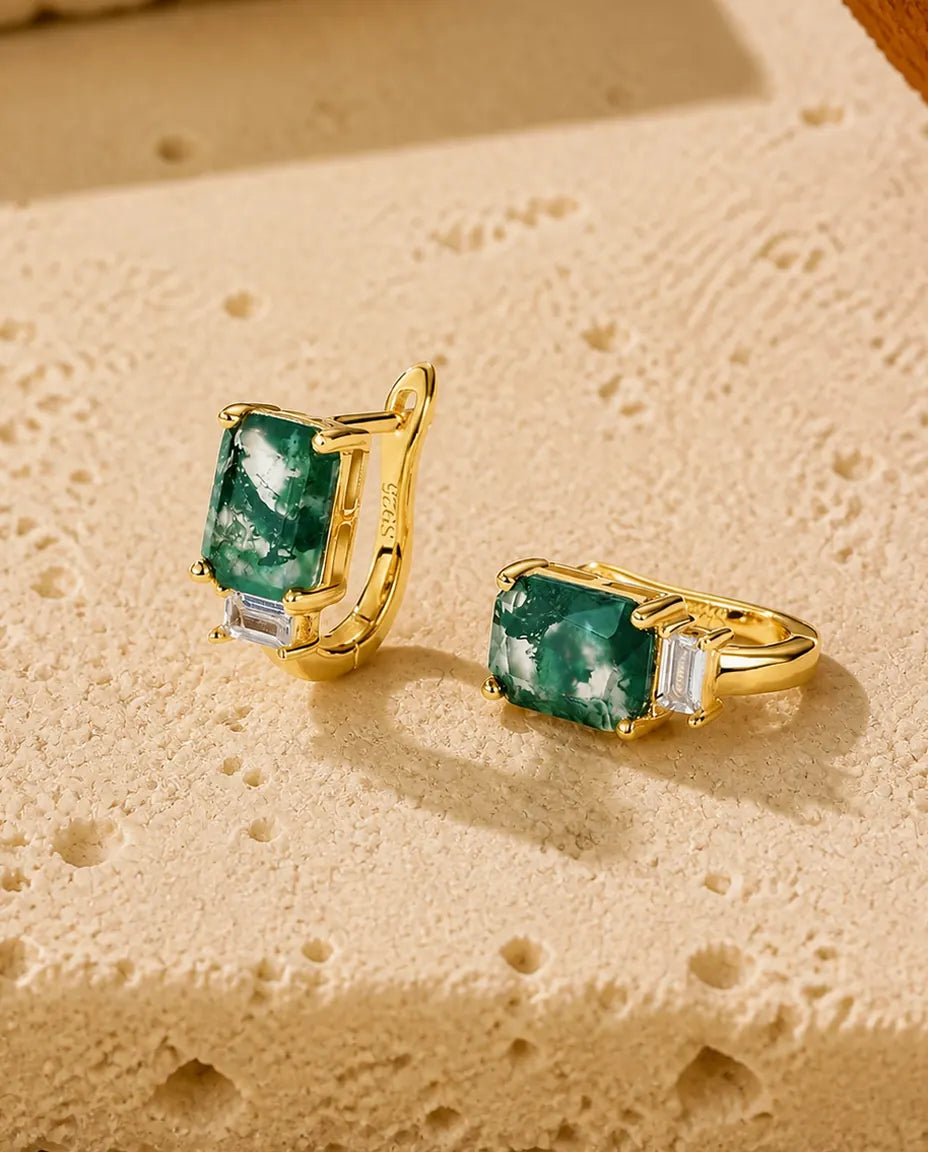 Moss Agate Huggie Hoop Earrings - Emerald Cut Green Moss Agate with Baguette Cubic Zirconia, Gold Plated 925 Silver, Gift for Her