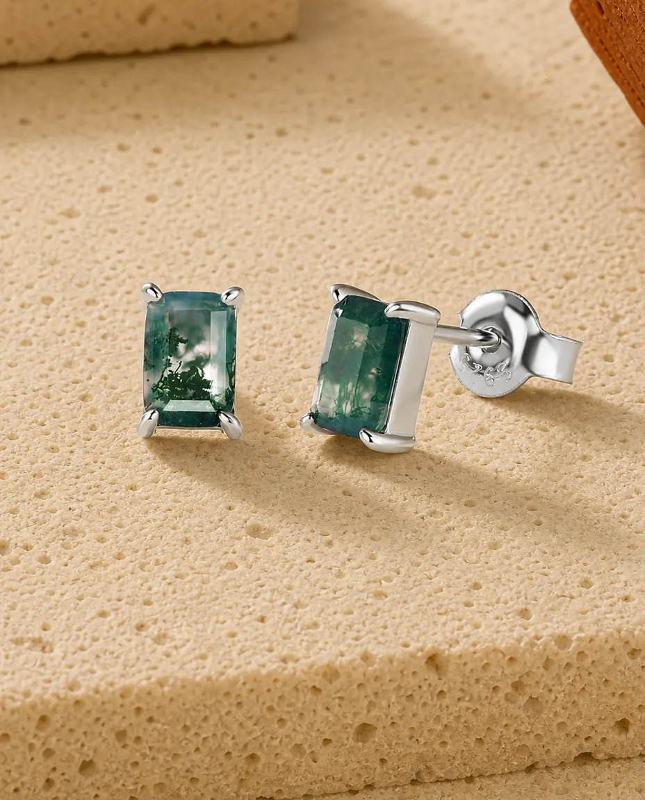Moss Agate Stud Earrings - Emerald Cut Green Moss Agate Rectangle, 925 Sterling Silver, Gift for Her
