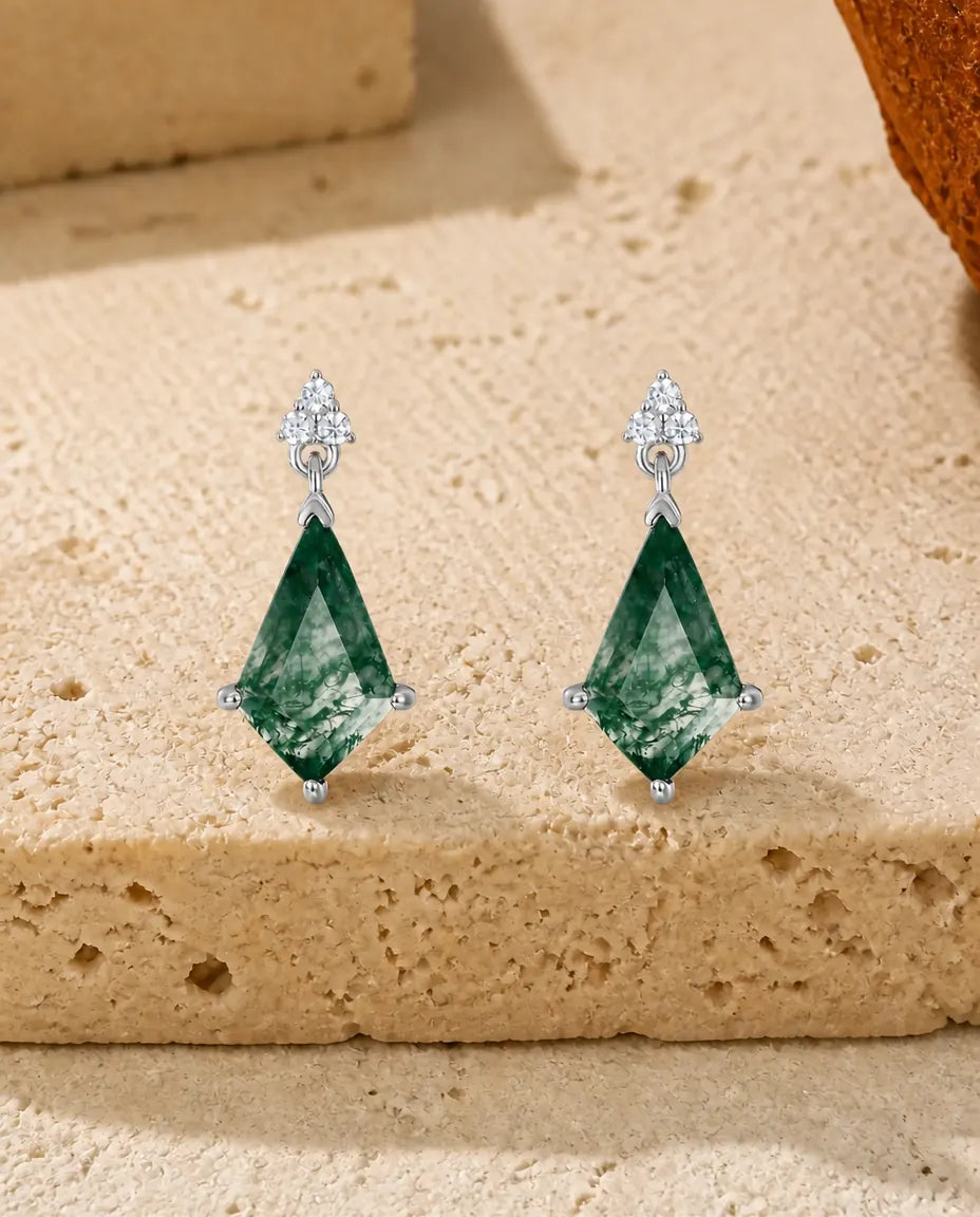 Moss Agate Drop Earrings - Kite Cut Green Moss Agate with Cubic Zirconia Cluster Studs, 925 Sterling Silver, Gift for Her