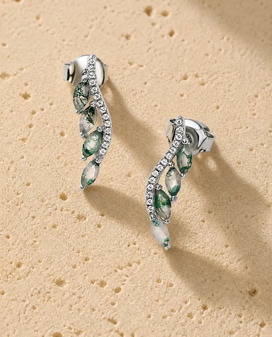Moss Agate Ear Climber Earrings - Four Marquise Green Moss Agate Stones on a Pave Curve, 925 Sterling Silver, Gift for Her