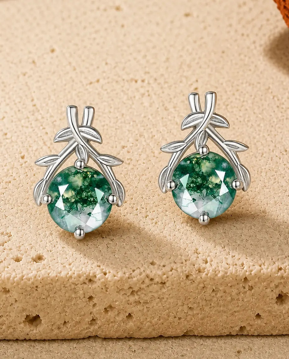 Moss Agate Stud Earrings - Round Green Moss Agate Framed by Olive Branch Leaves, 925 Sterling Silver, Gift for Her