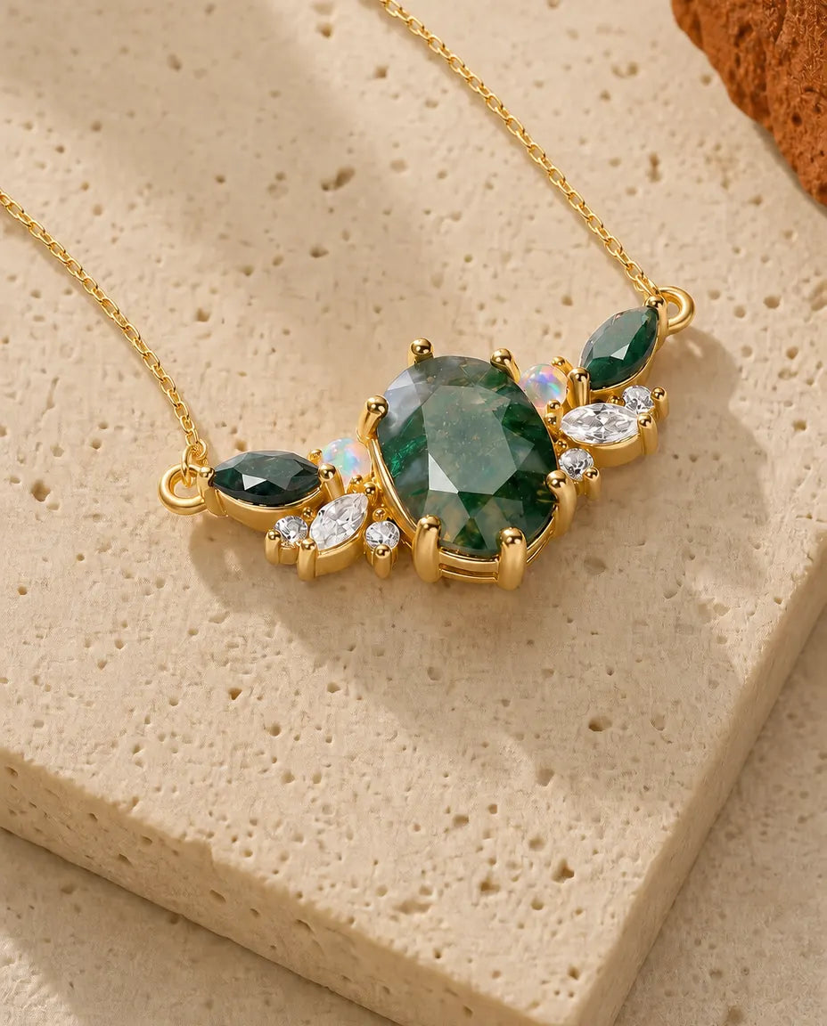 Moss agate cluster necklace with oval green stone, opal and marquise CZ accents in 10K gold plated sterling silver
