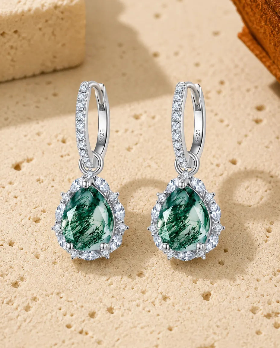 Moss Agate Halo Drop Earrings - Pear Cut Green Moss Agate on Pave Huggie Hoops, 925 Sterling Silver, Anniversary Gift for Her