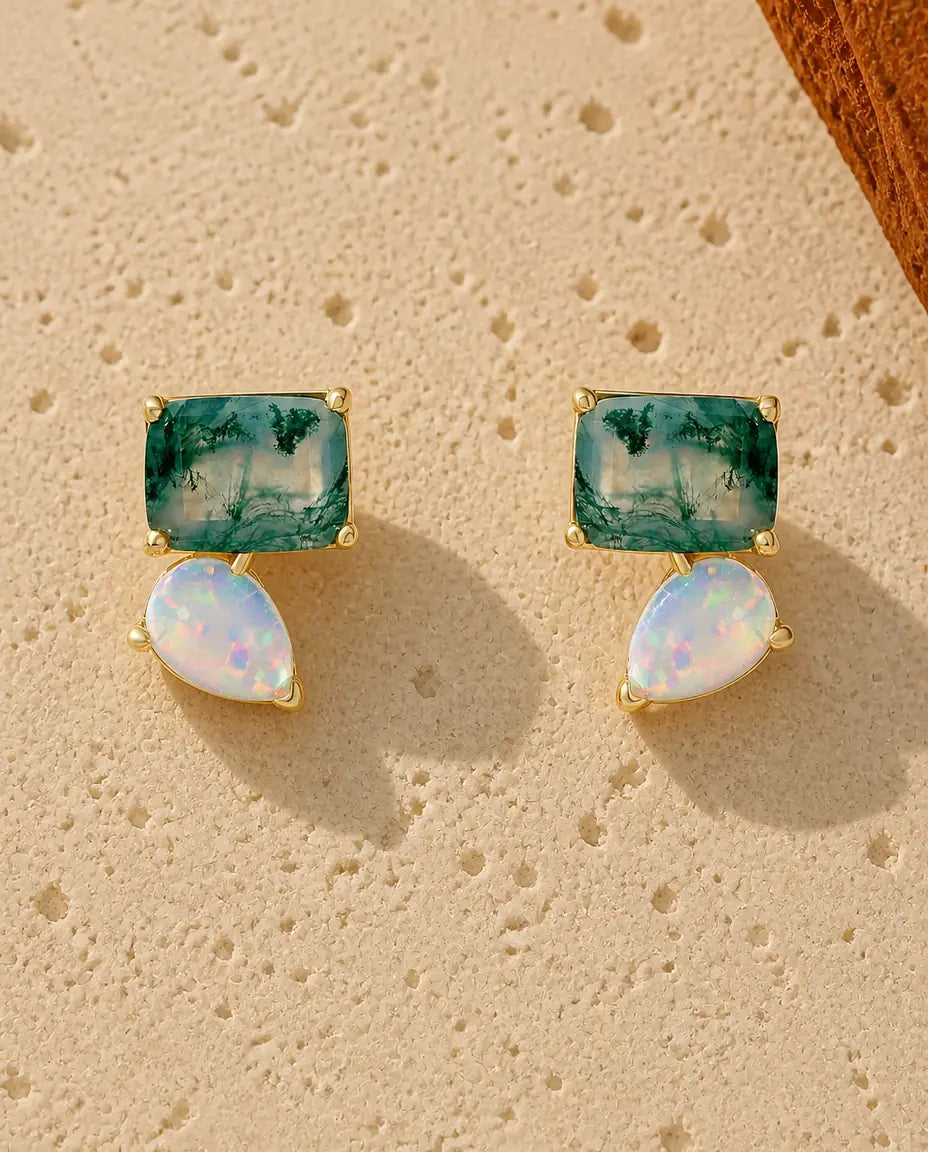 Moss Agate Stud Earrings - Rectangle Green Moss Agate with Pear Opal Accent, Gold-Plated 925 Sterling Silver, Gift for Her