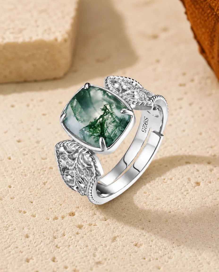 Moss agate cushion statement ring in sterling silver with baroque filigree scroll shoulders