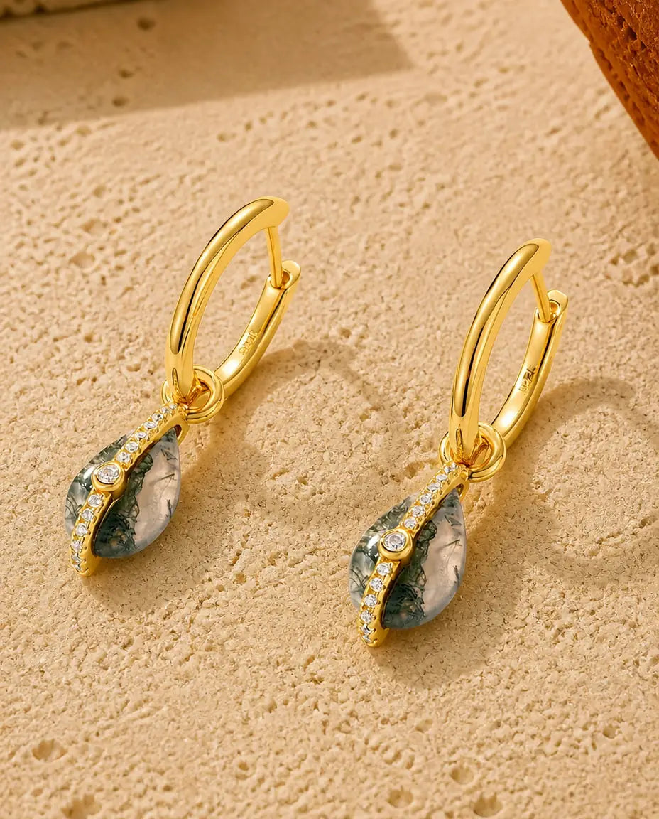 Moss Agate Huggie Hoop Earrings - Teardrop Cabochon Drop with Pave Accent, 10K Gold Plated 925 Sterling Silver, Gift for Her