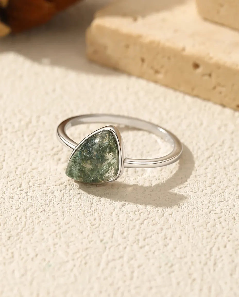 Natural green moss agate triangle bezel set solitaire ring in 925 sterling silver
