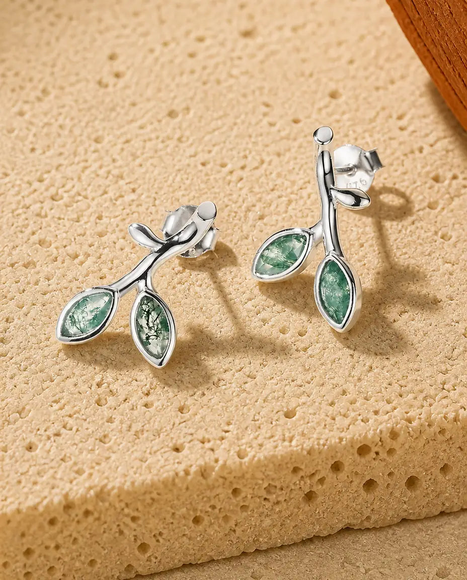Moss Agate Stud Earrings - Two Marquise Leaves on a Silver Sprout, 925 Sterling Silver, Gift for Her
