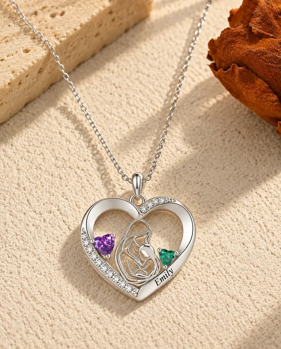 Personalized Mother And Child Necklace With Name - Heart Pendant With Two Simulated Birthstones, Silver