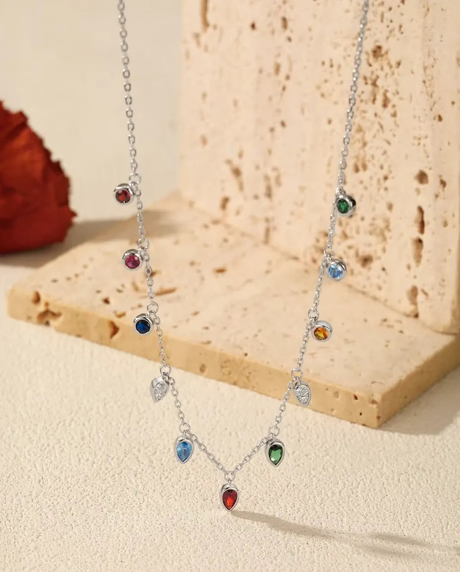 Colorful Charm Necklace in 925 Sterling Silver - Eleven Multicolor Cubic Zirconia Round and Teardrop Charms on a Fine Chain, Layering Necklace