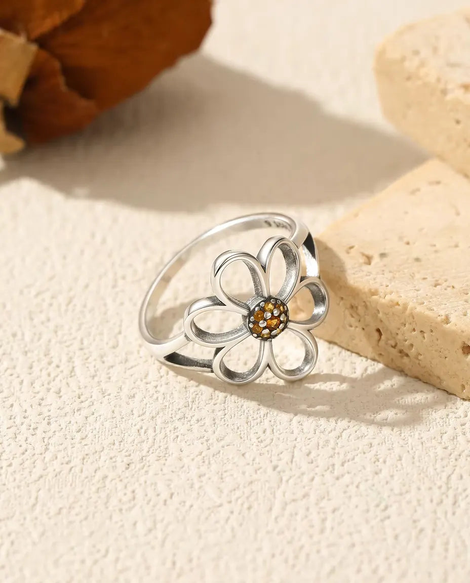 Open Flower Ring for Women - Petal Outline with Orange Pave Center in 925 Sterling Silver, Sizes 5 to 9