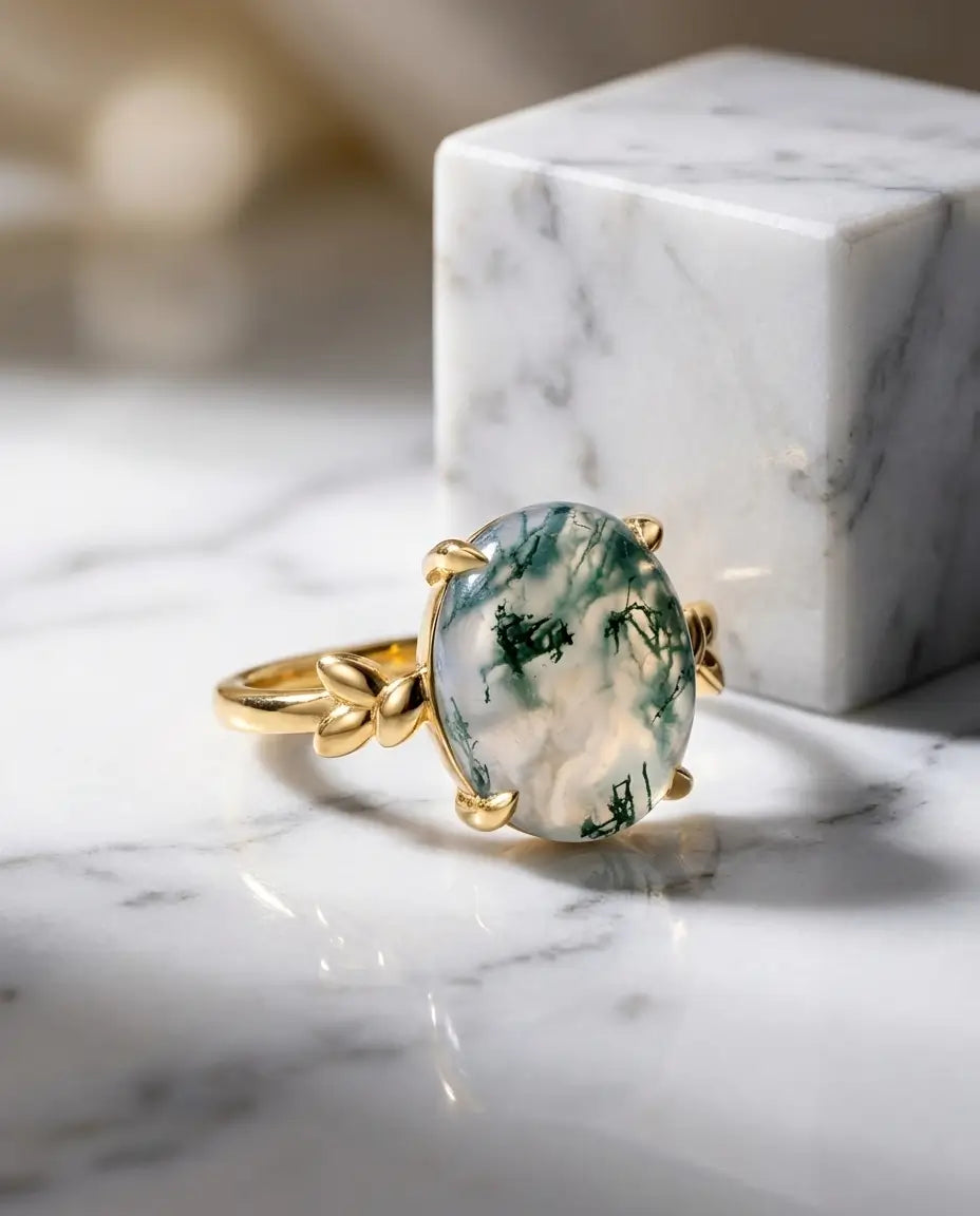 Oval Moss Agate Solitaire Ring - 10k Gold Plated Leaf Design IfShe Jewelry