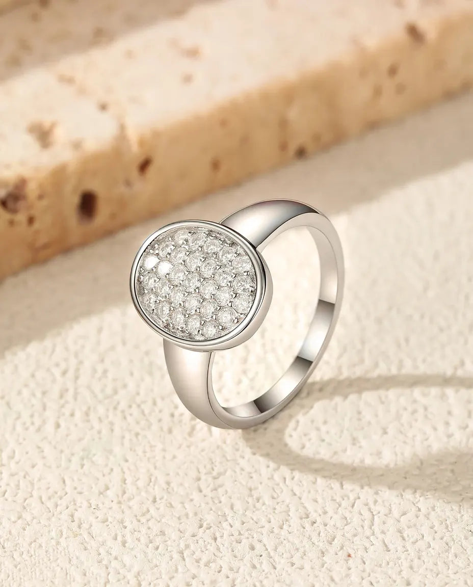 Oval pave button moissanite signet ring in 925 sterling silver