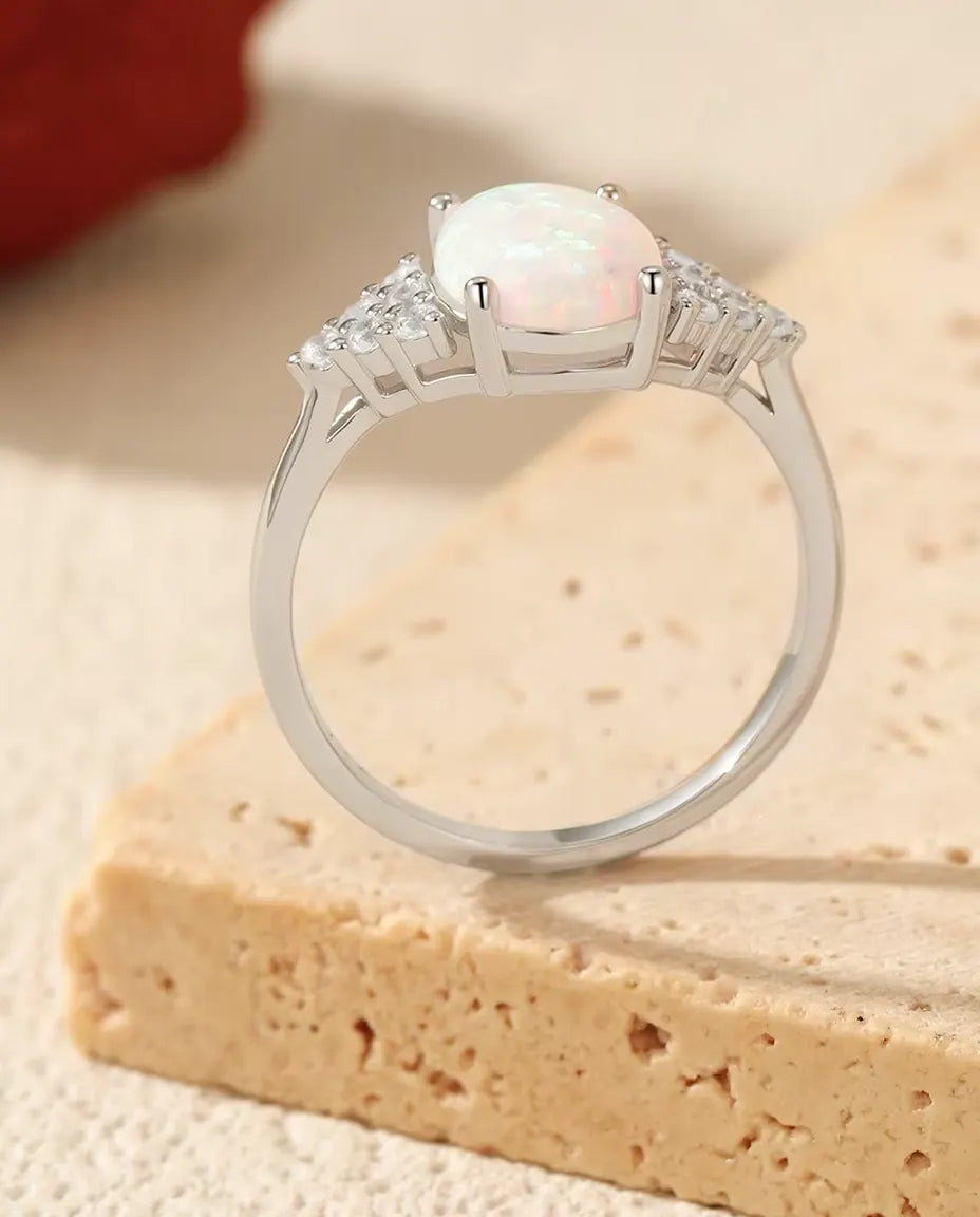 Oval Opal Ring - 7 x 9 mm White Opal with Pave Zirconia Shoulders, 925 Sterling Silver, Sizes 5 to 9