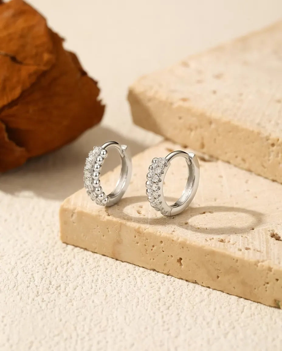 Pave Moissanite Huggie Hoop Earrings - Sixteen 1.3 mm D Color Stones in Two Rows, 12 mm Hinged 925 Sterling Silver