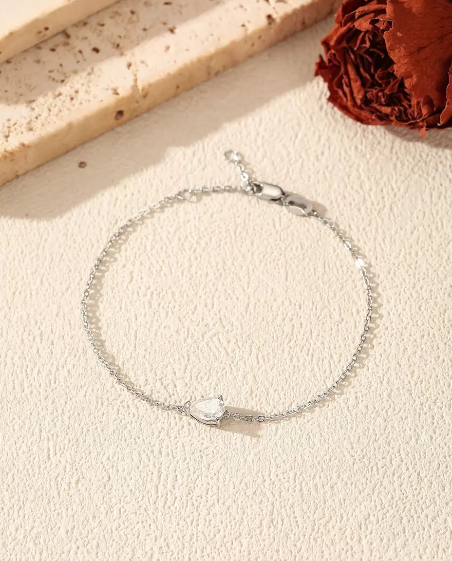 Pear Cut Moissanite Bracelet - 0.80 ct 5 x 7 mm D Color Teardrop on a Dainty 925 Sterling Silver Chain, 16+3 cm