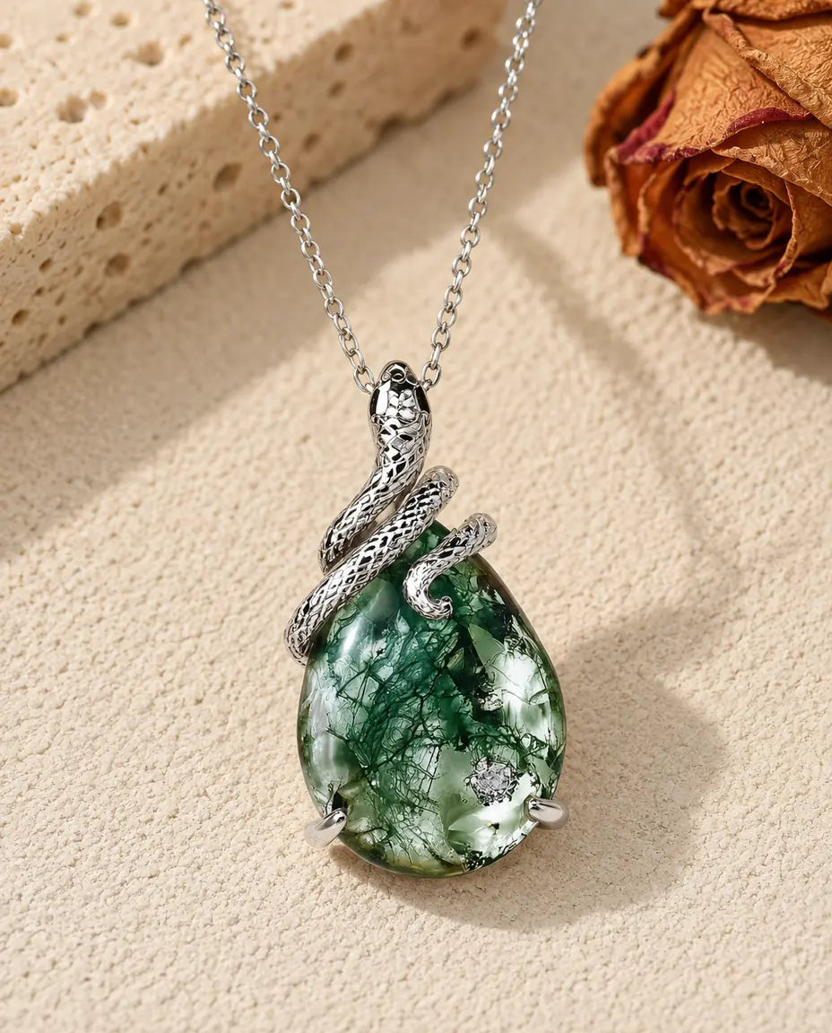 Pear Cut Moss Agate Necklace in 925 Sterling Silver - front view