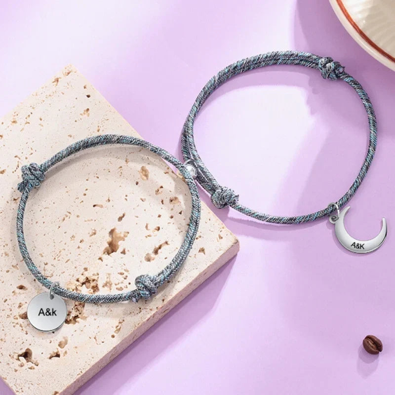 Personalized Matching Bracelets for Couples – Engraved Magnetic Bracelets, Stainless Steel – Anniversary Gift, 2 Pieces