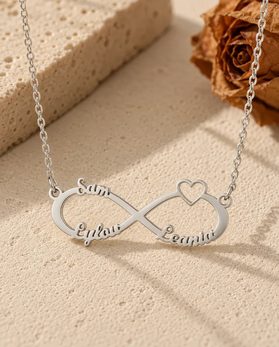 Personalized 3 Name Infinity Necklace - front view in silver