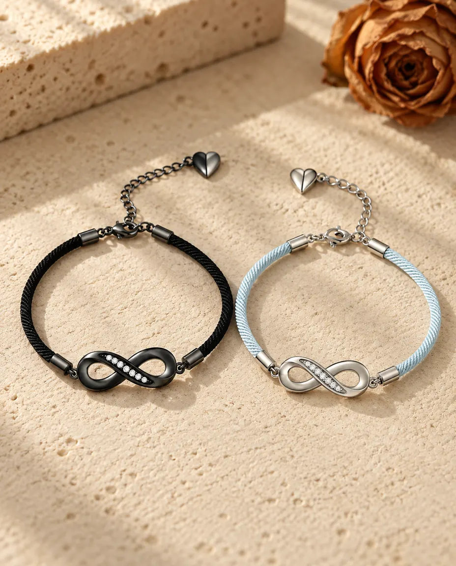Engravable Infinity Matching Bracelets for Couples - matching pair laid flat