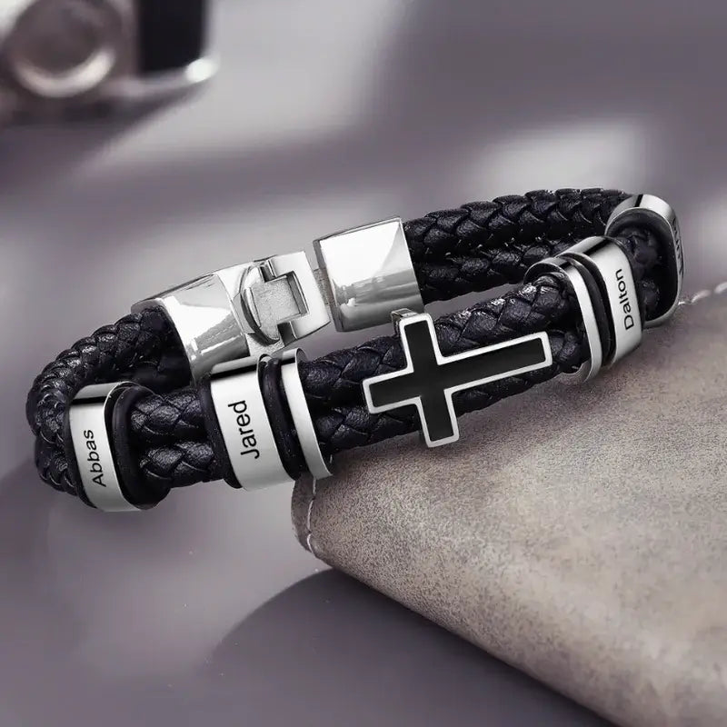Personalized Name Bracelet for Men – Leather & Stainless Steel, Engraved, Gift for Him, Dad, Boyfriend, Christmas Gift