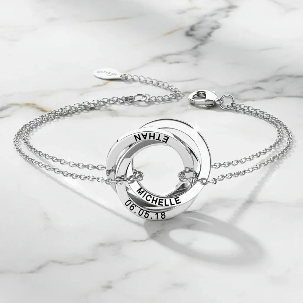 Personalized Russian Ring Bracelet - Engrave a Name or Date onto 3-5 Intertwined Circles in Sterling Silver
