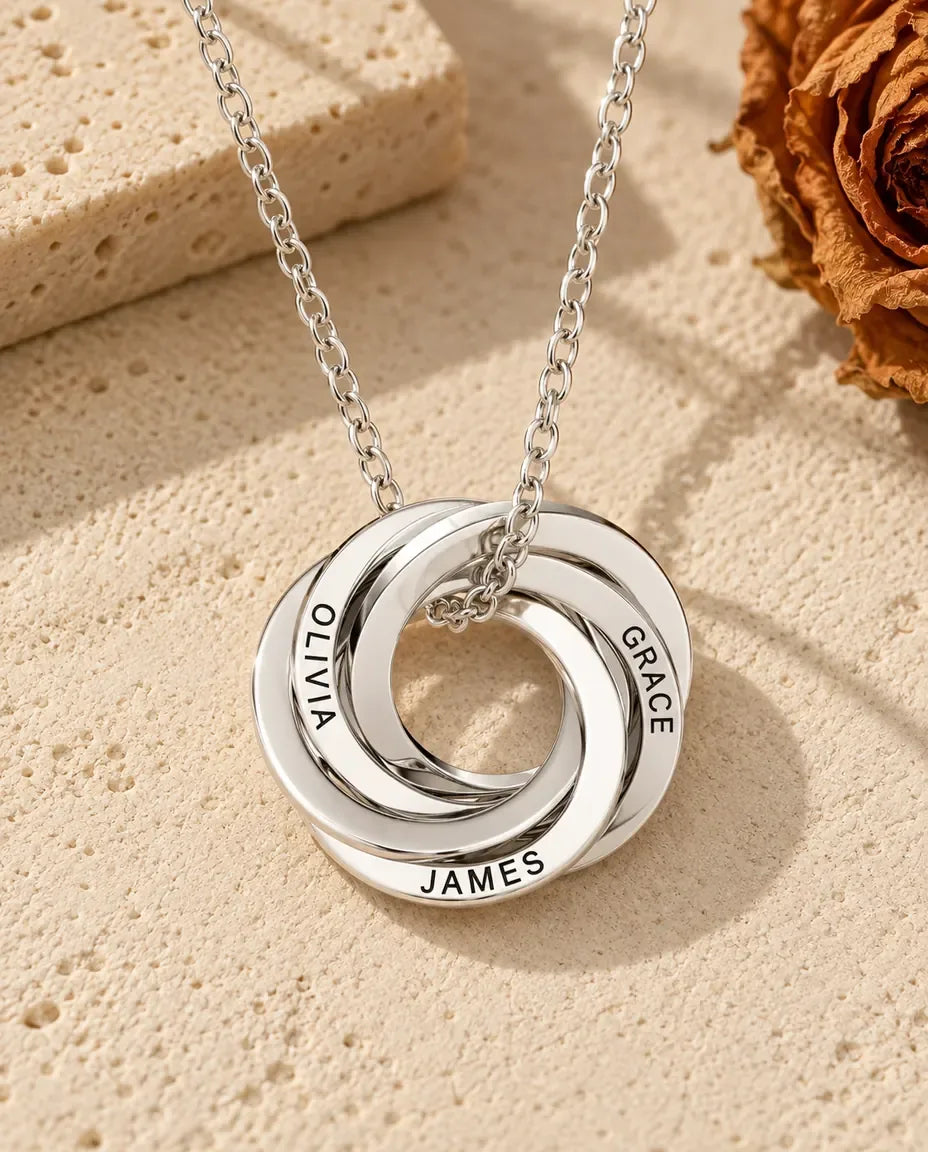 Russian Ring Necklace - front view in silver