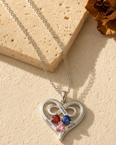 Personalized Heart Birthstone Necklace with 3 Names Engraved, Infinity Heart Pendant 3 Heart Birthstones, Family Necklace Gift for Mom Grandma