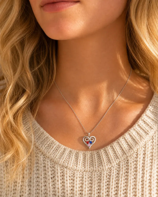 Personalized Heart Birthstone Necklace with 3 Names Engraved - worn on a model