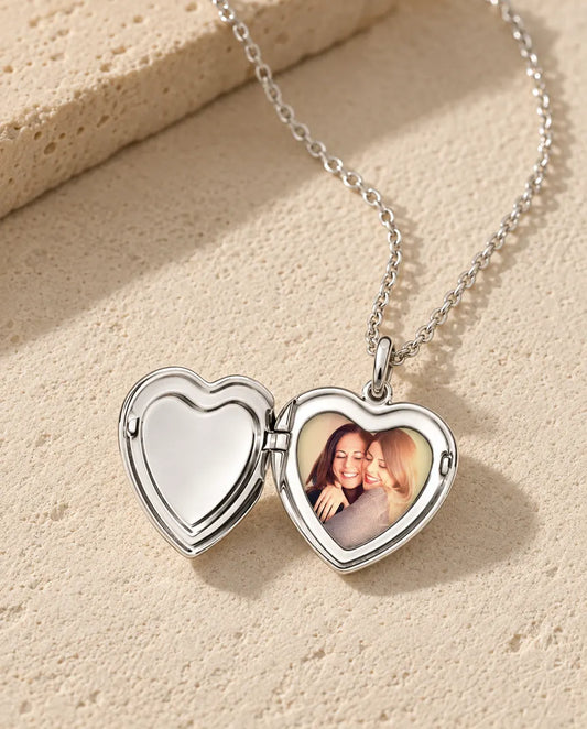 Personalized Heart Photo Locket Necklace - open, showing the photo inside