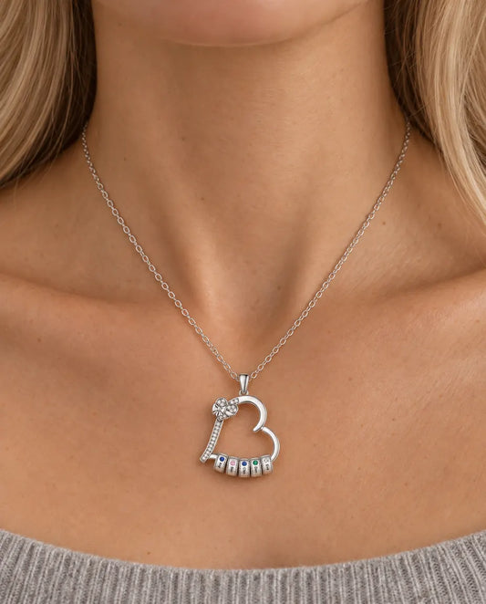Personalized Family Birthstone Heart Necklace - worn on a model
