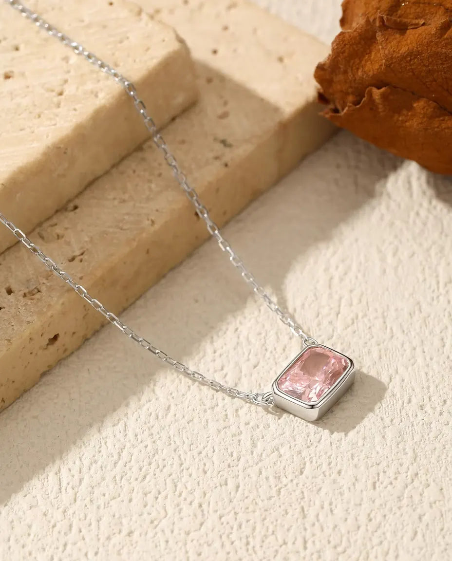 Pink Cubic Zirconia Necklace - 5 x 7 mm Bezel-Set Pendant in 925 Sterling Silver, 15.7 to 17.7 in Chain