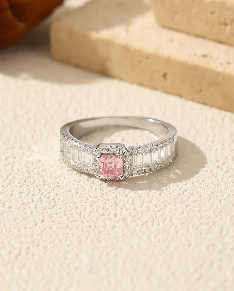 Light pink 0.4ct Asscher cut moissanite halo ring in 925 sterling silver