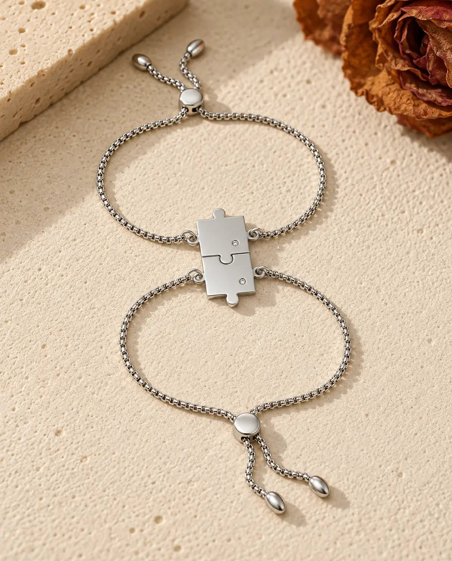 Puzzle Matching Bracelets for Couples - matching pair laid flat