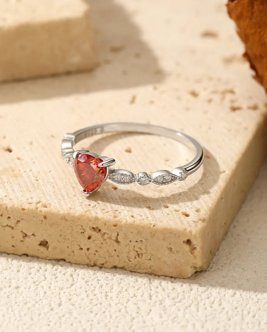 Red heart cut moissanite promise ring in 925 sterling silver with milgrain CZ band