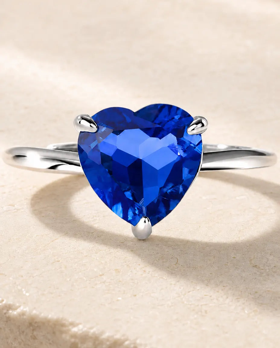 lab-created sapphire heart solitaire ring in sterling silver, open adjustable band