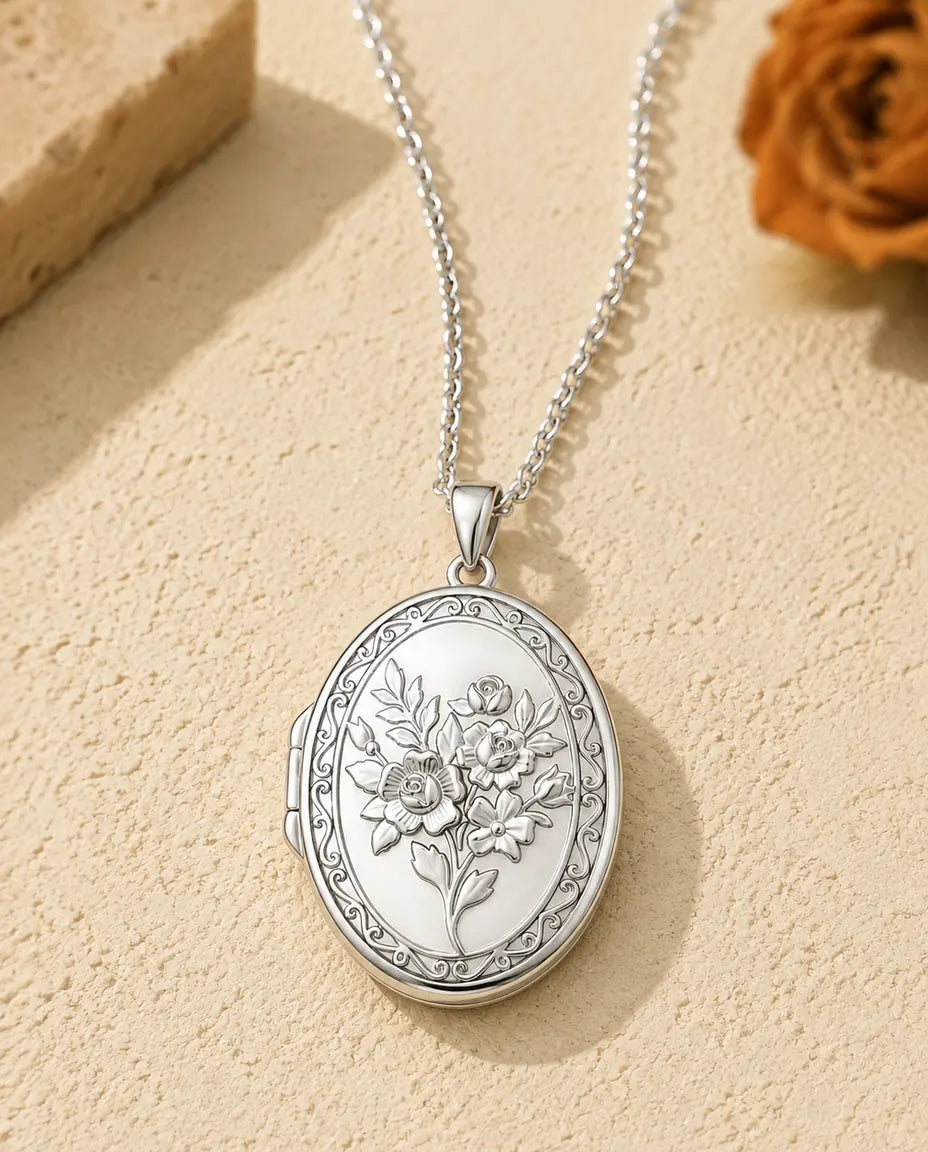 Personalized Photo Locket Necklace That Holds 2 Pictures - Rose Bouquet Oval Locket With Mother of Pearl Back, Silver or Gold