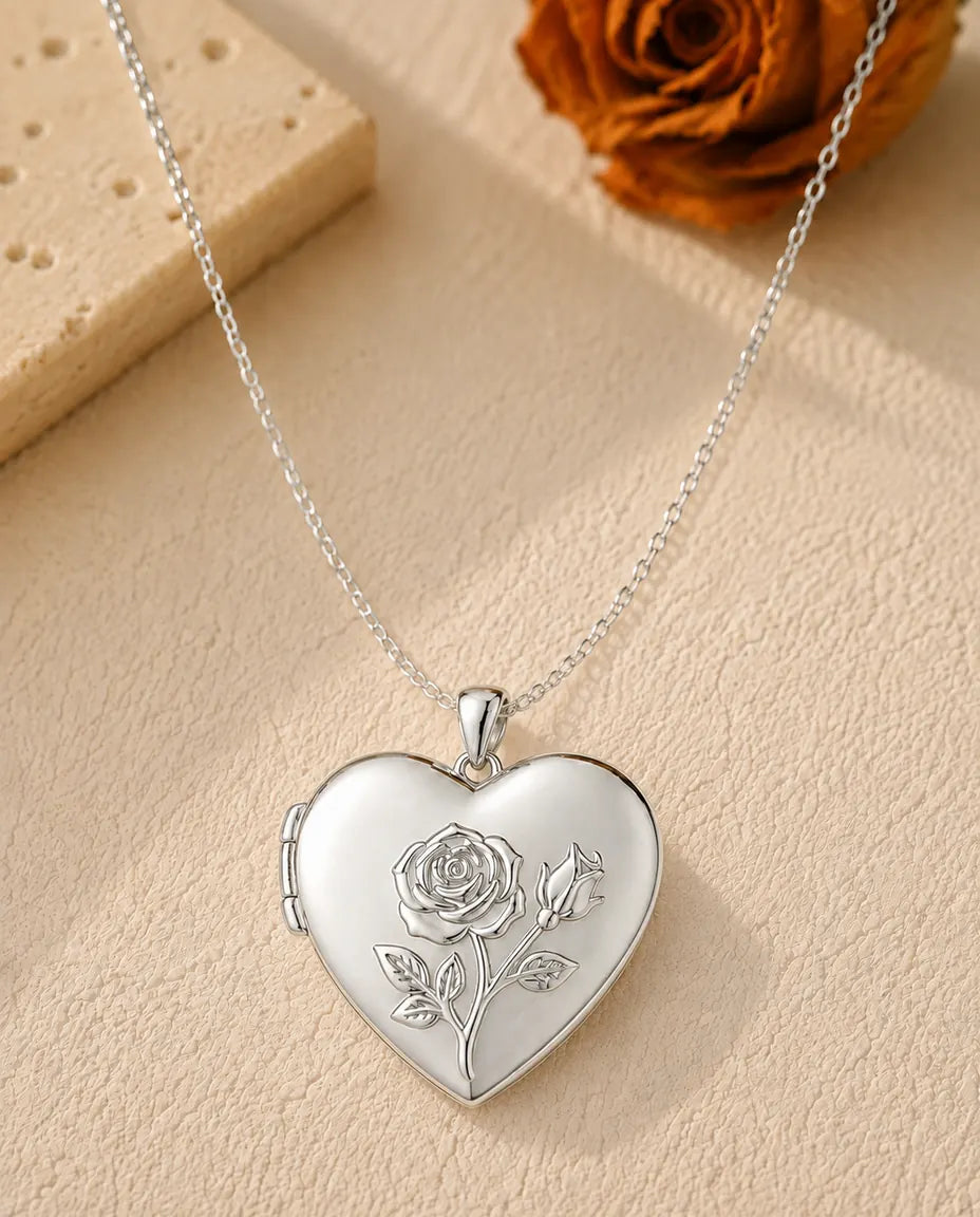 Personalized Photo Locket Necklace That Holds 2 Pictures - Rose Relief Heart Locket With Mother of Pearl Back, Silver or Gold