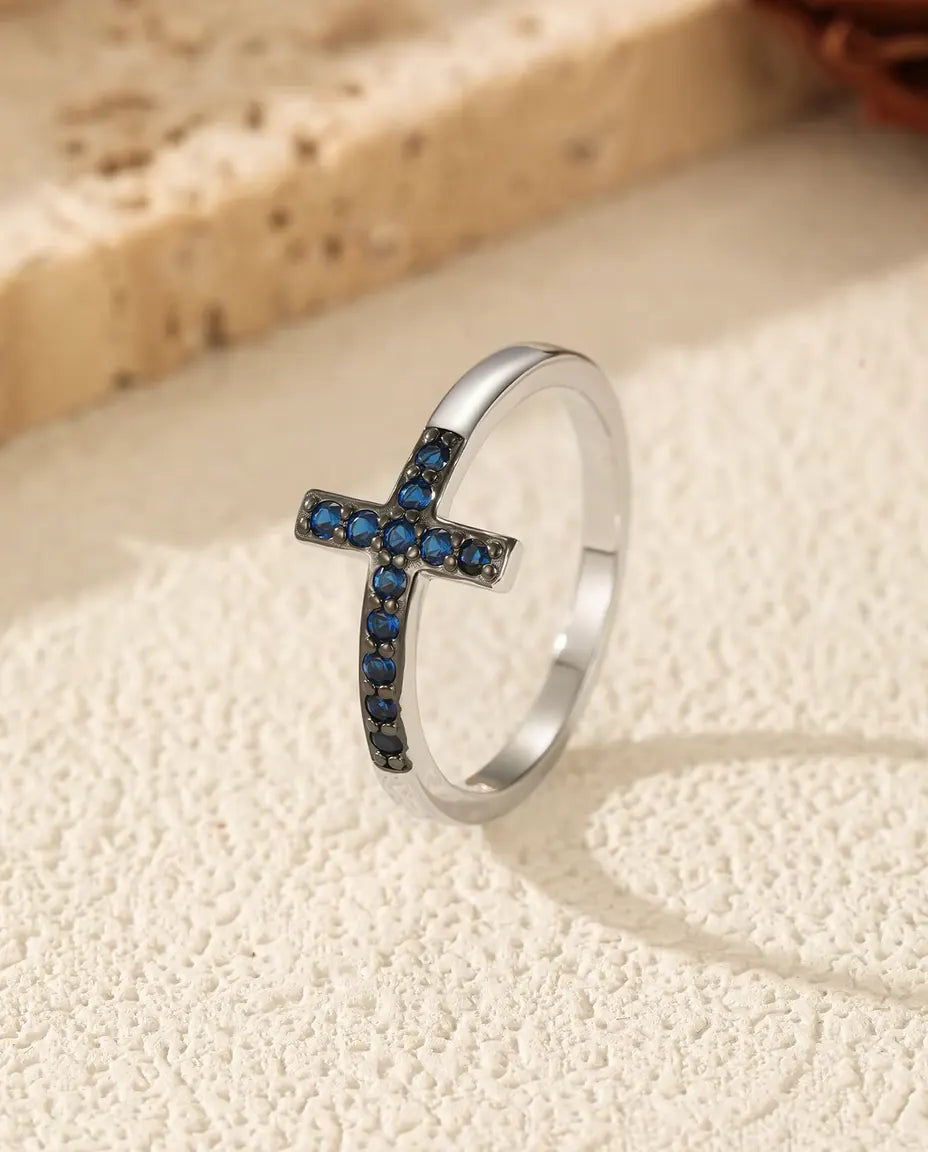 Sideways Cross Ring for Women - Blue Zirconia Pave Cross on a 2 mm Band, Sizes 5 to 9, 925 Sterling Silver