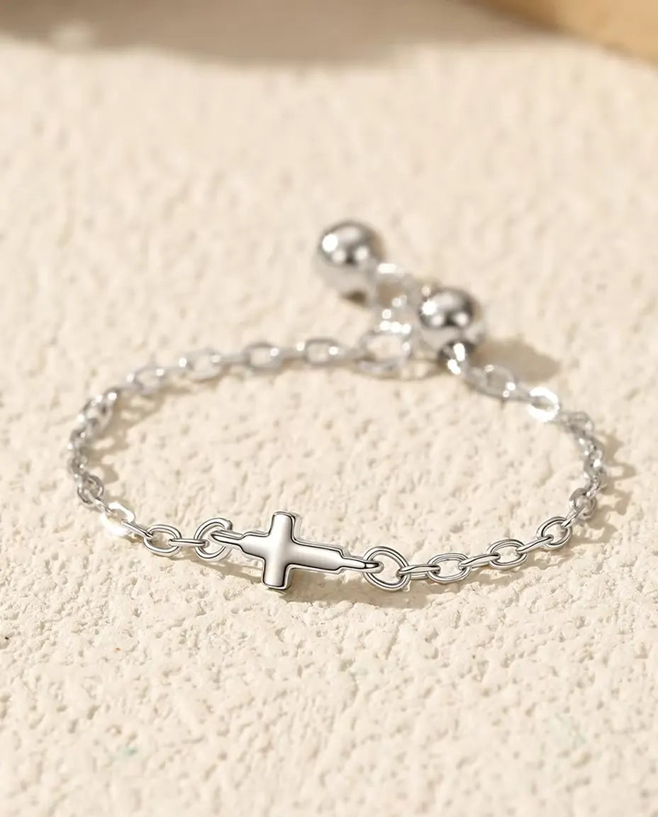 Cross Chain Ring - Polished 3 x 4 mm Cross on a Fine Cable Chain with Bead Sliders, Adjustable 925 Sterling Silver, US 3 to 9