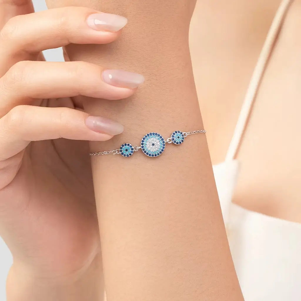 Sterling Silver Evil Eye Bracelet - Turkish Eye Bracelet - Evil Eye Charm Bracelet