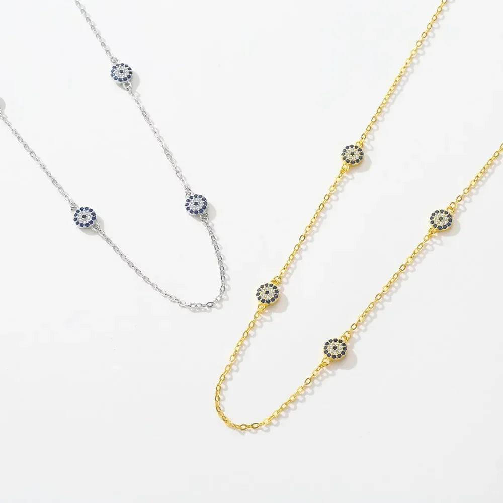 Sterling Silver Four Evil Eye Charm Necklace - Turkish Blue Eye Necklace